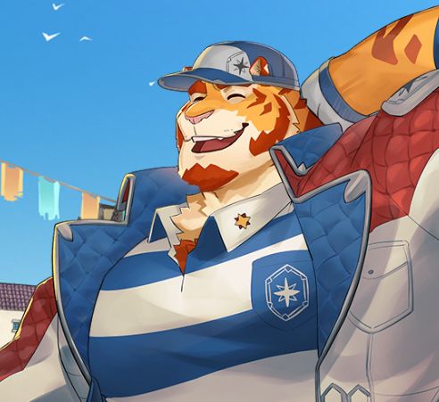 drawing of an anthro tiger dressed as a delivery man, smiling.