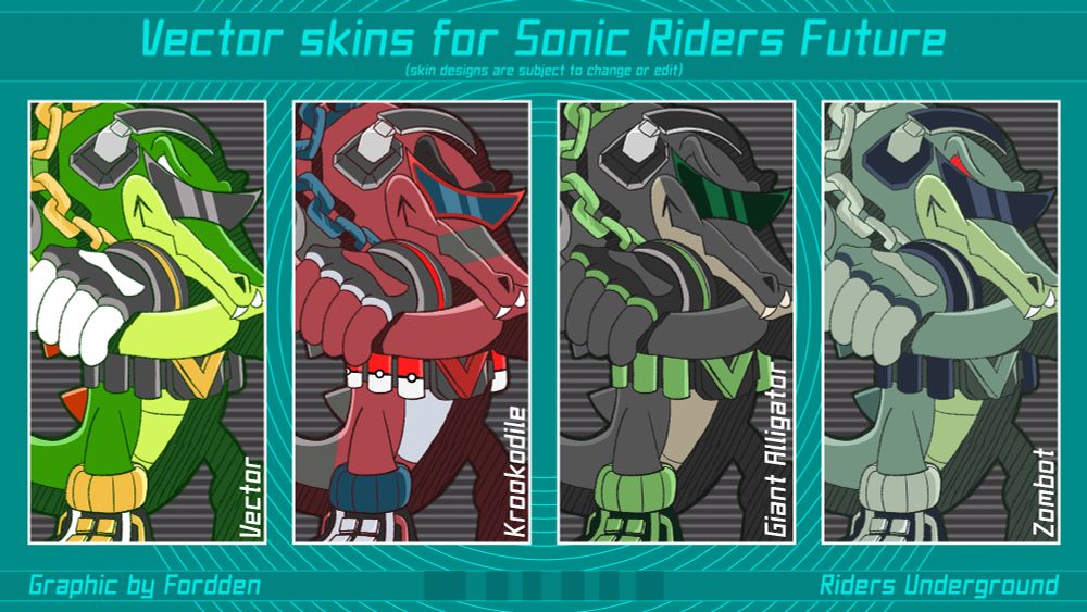 Artwork of Vector and his skins for Sonic Riders Future