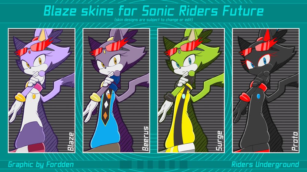 Artwork of Blaze and her skins for Sonic Riders Future