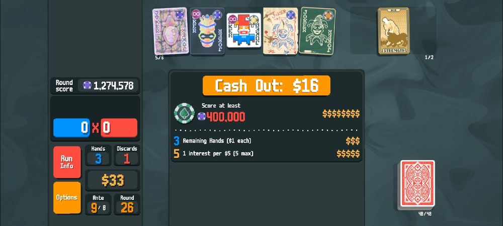 a balatro screenshot. i won the ante 8 boss blind with a holographic ancient joker, a negative idol, an eternal square joker, a brainstorm and a blackboard 