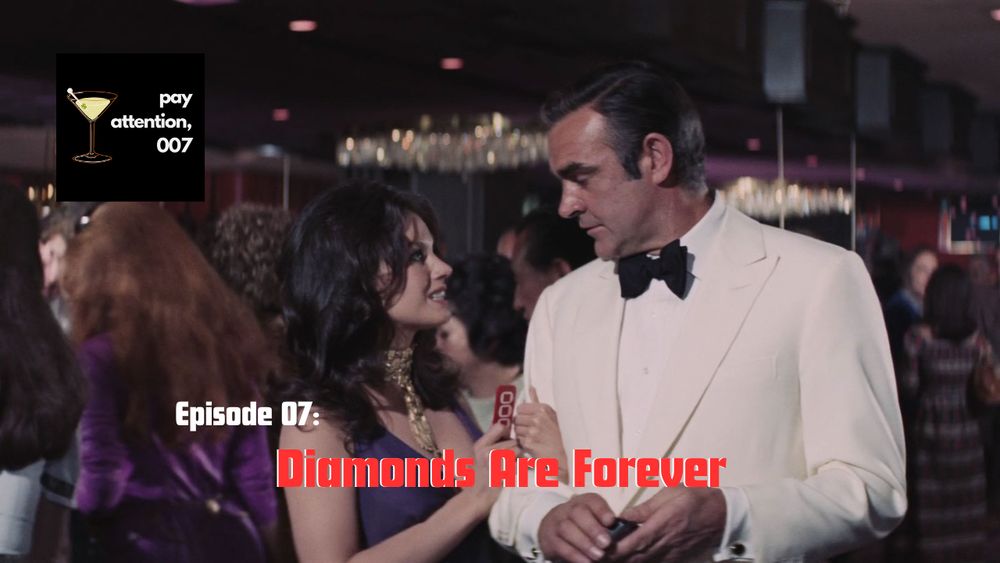 Screen shot from Diamonds Are Forever where Lana Wood as Plenty O’Toole is talking to Sean Connery as James Bond in a white jacket. 