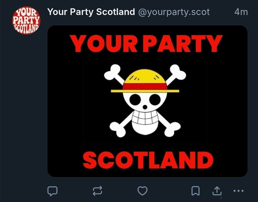 Your Party Scotland 
A skull an cross bones wearing a yellow n red hat
For reasons 🫠