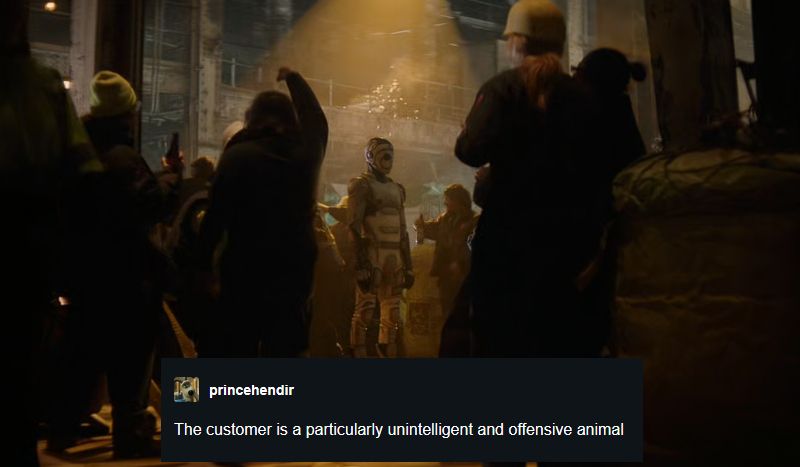Screencap of Murderbot standing in a crowd of partying miners with a text post overlaid which reads: The customer is a particularly unintelligent and offensive animal