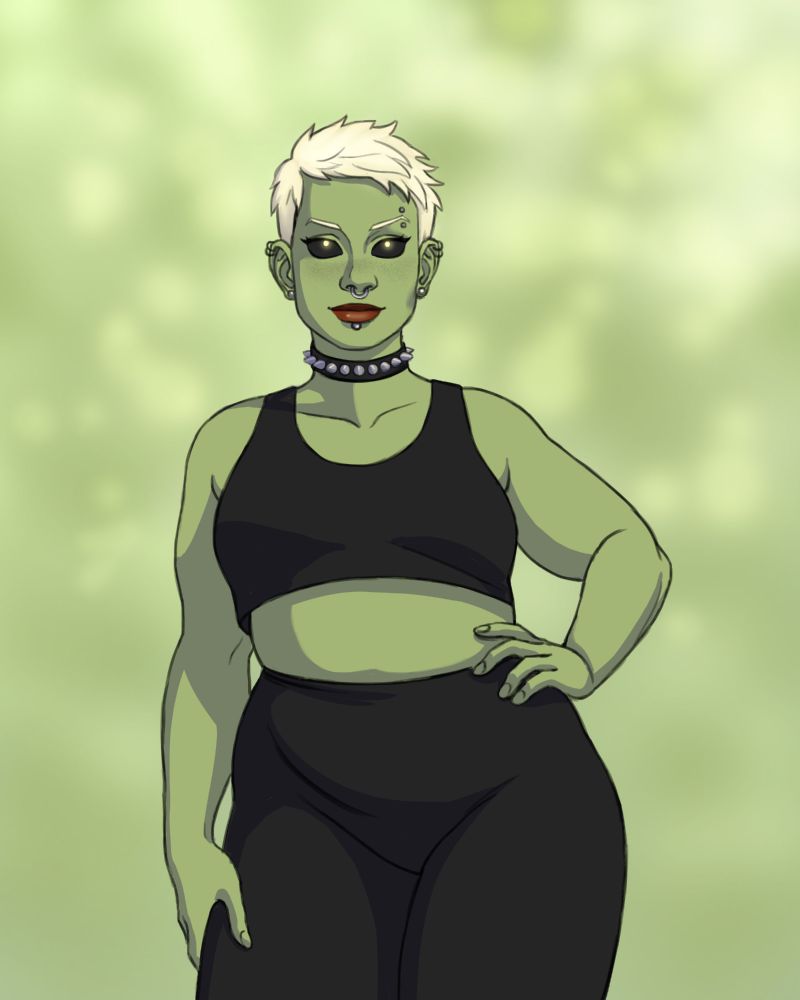 A digital illustration of a green-skinned person with short very pale yellow hair and black eyes with yellow glowing pupils. They are wearing black leggings and a black crop top with a black spiked collar and several facial and ear piercings (septum, lip, eyebrow). They are posed with one hand on their hip and the other resting on their thigh. The background is several blotchy shades of green to imply a wooded/forest area behind them.