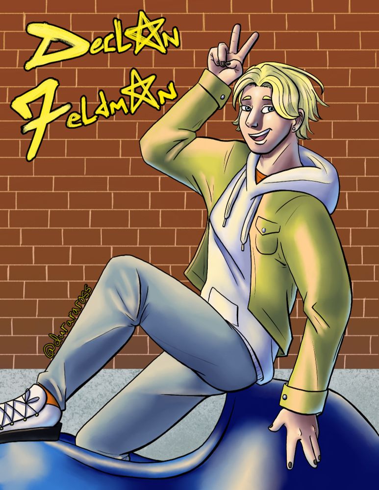 an illustration of my original character, Declan Feldman. He is a white boy with blond curtain style hair and blue eyes. He wears a white hoodie under a yellow jacket. He is sitting on a child's arcade ride in front of a brick wall and giving a peace sign. His name is in yellow in the upper left corner, the A's in his name are star shaped.