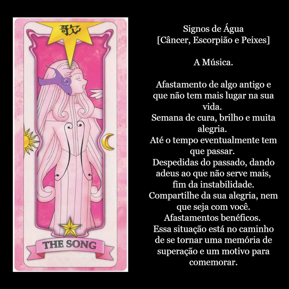 Signos de Água
[Câncer, Escorpião e Peixes]

A Música.

Afastamento de algo antigo e que não tem mais lugar na sua vida. Semana de cura, brilho e muita alegria. Até o tempo eventualmente tem que passar. Despedidas do passado, dando adeus ao que não serve mais, fim da instabilidade. Compartilhe da sua alegria, nem que seja com você. Afastamentos benéficos. Essa situação está no caminho de se tornar uma memória de superação e um motivo para comemorar.