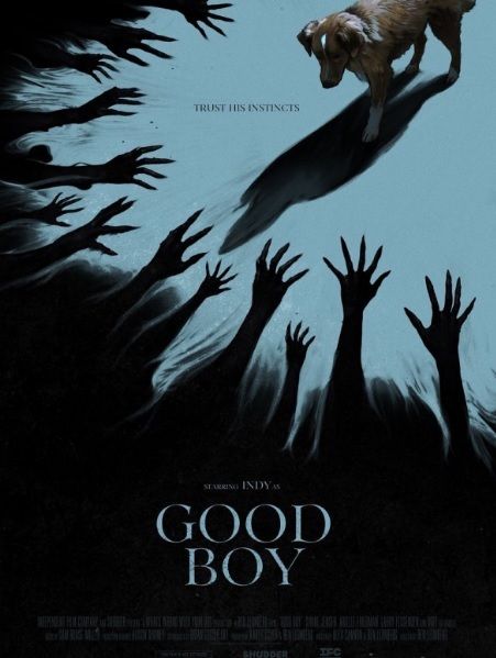 poster do filme Good Boy. Uma pintura de fundo azul bem claro onde, no quadrante superior direito vemos Indy [o cachorro] olhando na diagonal esquerda para uma série de mãos malignas e de cor preta com unhas afiadas que estão se esticando na direção dele. Indy se posiciona no fundo azul claro, já as mãos, no restante do quadro, são cercadas de pura escuridão e tentam consumir a luz e a cor que cercam Indy. Na parte de baixo do poster está o título do filme e a linha fina é: "Confie nos instintos dele".