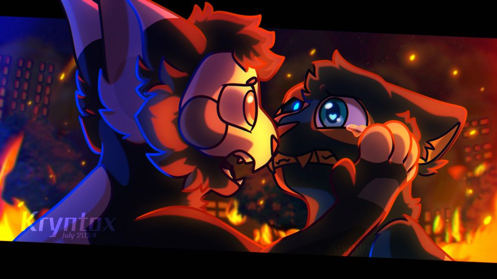 Two cats in a burning city. They are lit by the flames, one gazing sympathetically into the other's sad eyes while holding their face in their paw.
