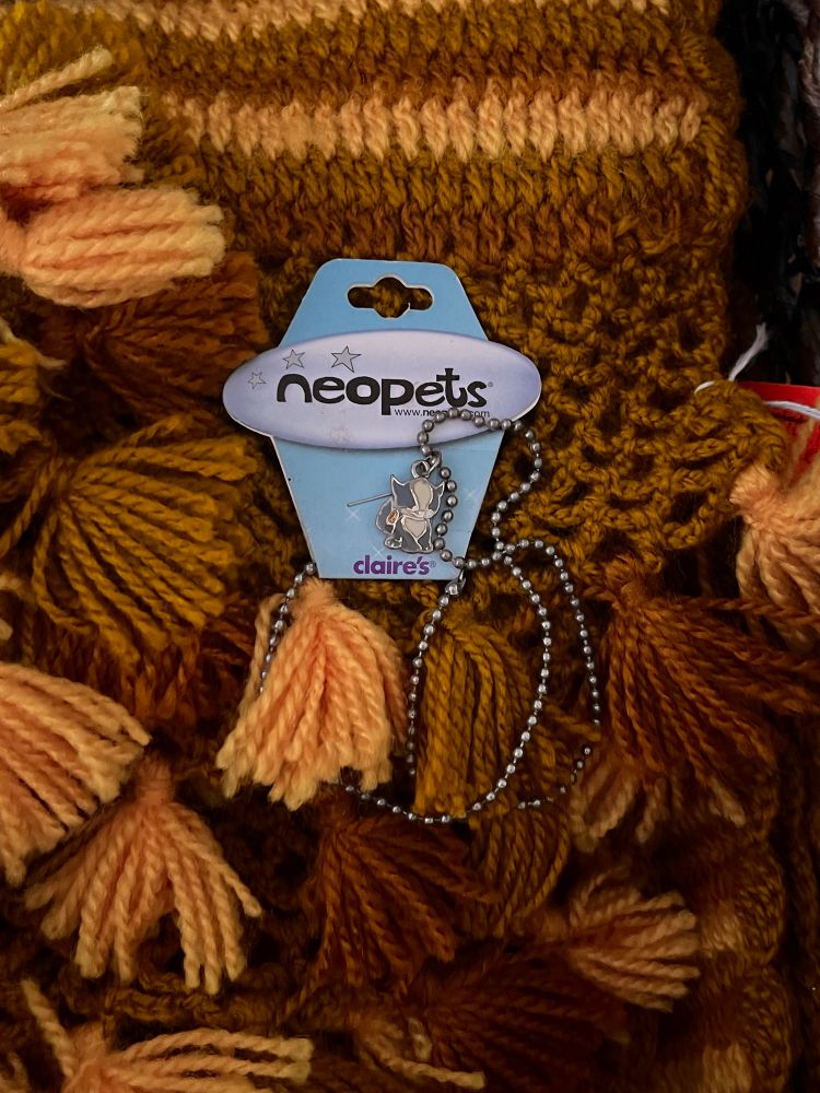 neopets necklace lying across a crocheted scarf, still in original packaging, both purchased at a yard sale.