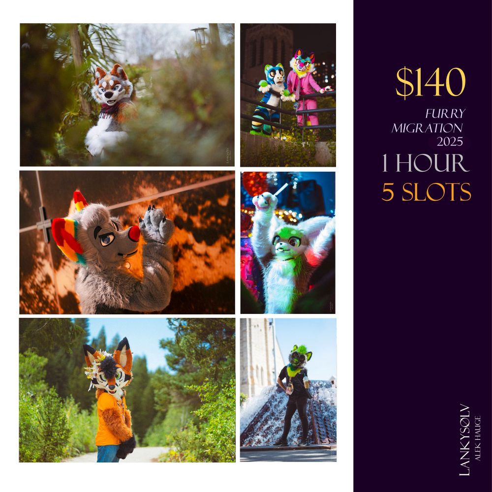Photoshoot commission announcement for me (LankySølv). $140 for 1 hour, five slots available for Furry Migration 2025. Features 6 example photos of fursuiters.