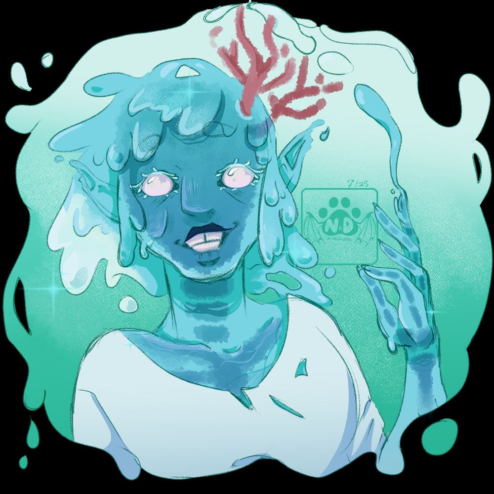 Digital sketch of a smiling character made of water. She has pink coral sticking out of her head like a hair decoration, has the silhouette of a skeleton under her watery skin, and appears to be creating the watery background she's drawn in with her finger 