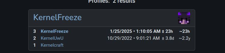 Una captura de pantalla del sitio NameMC que muestra el historial de nombres de Minecraft de Kernel. El nombre de usuario más reciente dice "KernelFreeze". Los nombres de usuario anteriores dicen KernelUwU y Kernelcraft.