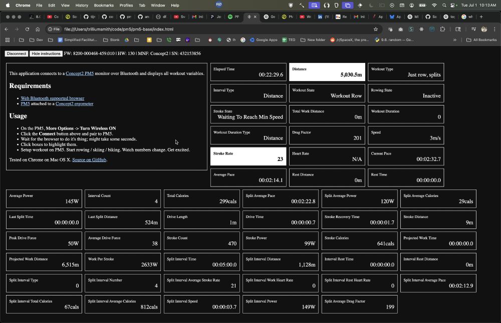 A chrome window displaying a local index.html webpage. This page is displaying workout data from a Concept2 row machine, highlighting the Stroke Rate field (23 strokes per minute) and the Distance field (5,035.5m)