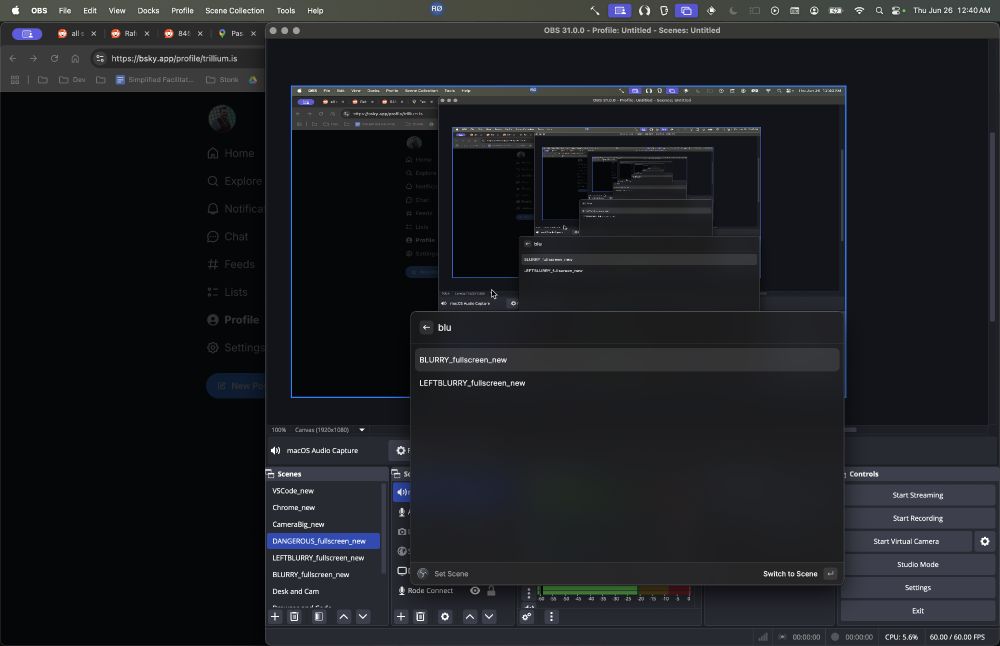 Screenshot of OBS Studio with Raycast extension modal active. In Raycast, a scene is selected to switch to.