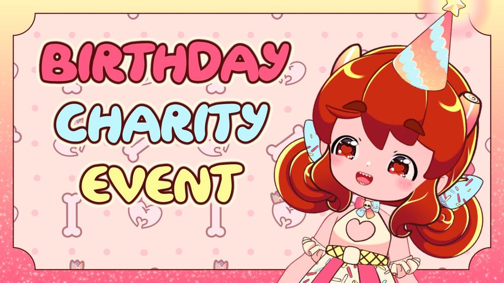 A happy red haired elf smiles big, next to her is the text "Birthday Charity Event"