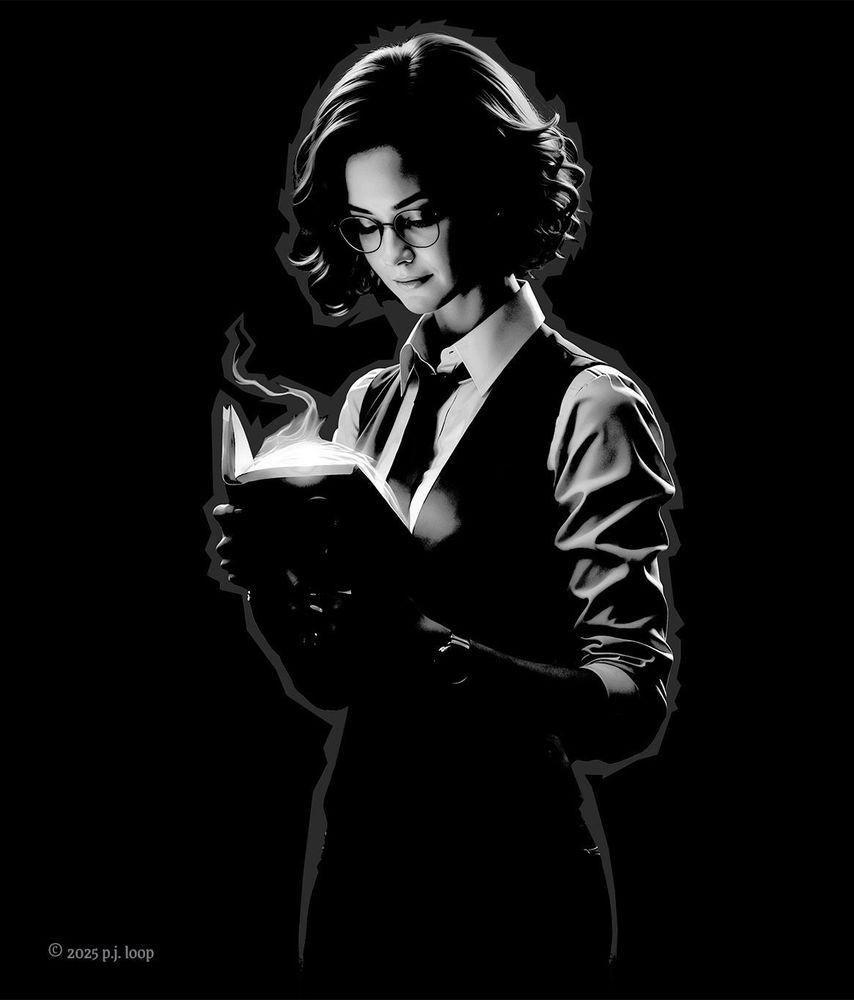 A stylistic graphic of Victoria Distance (or at least, how I see her) from my book #teowad. It depicts a picture of a woman with round porthole glasses and a shock of curly hair. She's wearing a shirt and tie with a waistcoat. She's holding a book-like-device that is glowing.