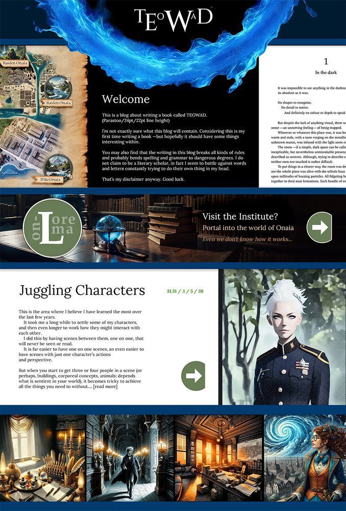 An example shot of my blog design for teowad. Follows a standard three partitioned segment design, with wide banner separators. The header is emblazoned with blue Resonance.