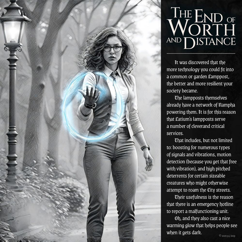 A pen and pencil illustration of how I see Victoria Distance, with her shoulder-length wavy hair and glasses, wearing a white shirt, waistcoat, tie and dark trousers. Created using a mix of sketching, scanning, digital stylus and photoshop effects. Trickiest part was the detail in her clothing, which I think now might be a bit too noisy.

She's standing on a leafy Onaian street with a lamppost and trees in the background. She has her hand extended forward, triggering the start of a blue Resonance field —emanating from her wrist device.

This is another mini advert for my book 'The End of Worth and Distance' with the accompanying humorous text about technology being integrated into lampposts to create a more resilient society.