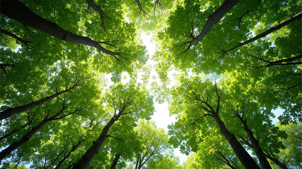 Image looking up into the tree canopy, with letters

definitely hidden in the

edges

around the leaves

secretly.