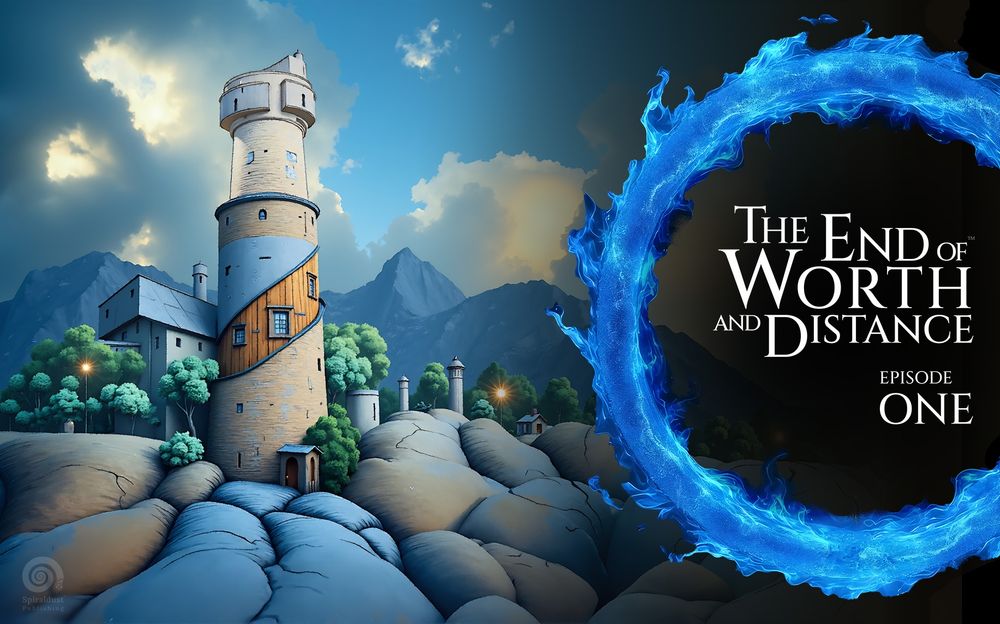 A composite image combining the teowad logo 'The End of Worth and Distance', with its blue resonance wave. This is layered over the top of a coloured hand-sketch which was upscaled using self-trained models. The sketch is how I see one of Latium Onaia's ClockSource towers. Essentially a tall tower, on a rocky outcrop, that is responsible for sending out a timing signal waves across the city (through the land and air) —keeping many conventional and Harmonic devices in sync.