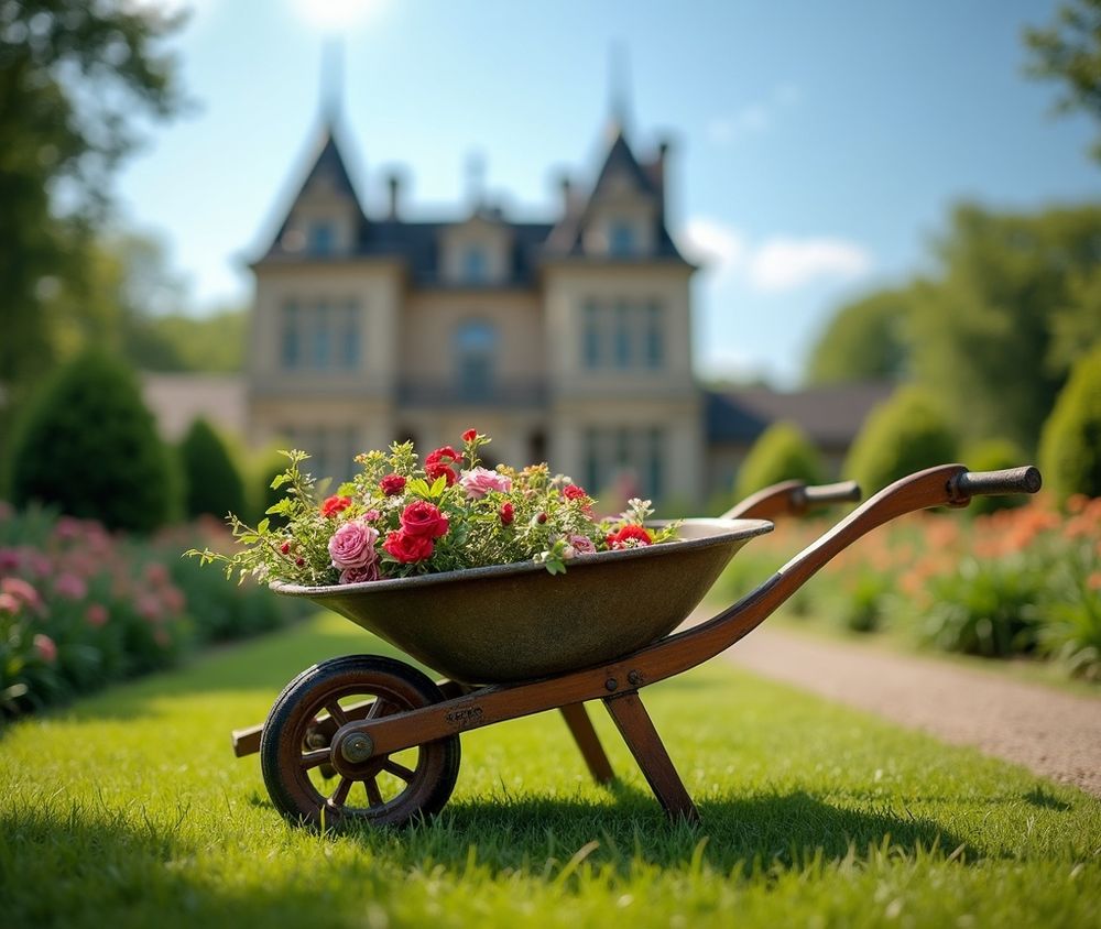 a vibrant picture of a wheelbarrow in front of a mansion, the wheelbarrow contains some pretty flowers. It's one of those odd wheelbarrows that has a single point of failure —something that no designer or engineer worth their salt would entertain these days.
