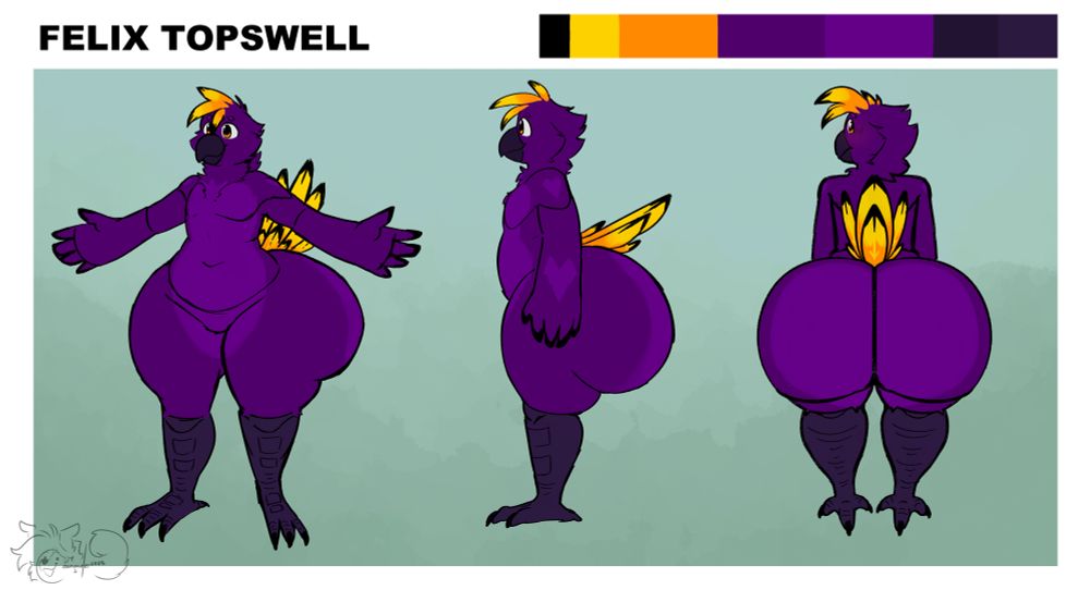 Purple bird fursona with a massive butt, huge thighs, and beautiful eyes 👀