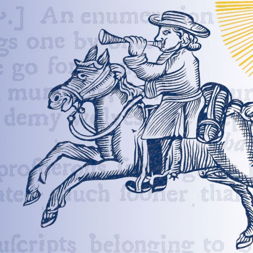 An illustration of a man riding a horse while blowing a horn, with a yellow sun above. The illustration is laid over faded text on a blue backdrop.