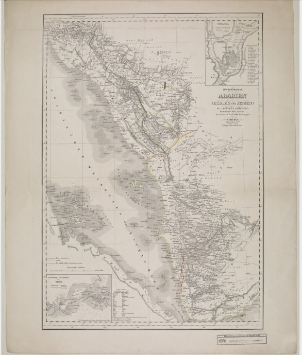 Map of Hedjaz [Hejaz] province showing various routes including the Hajj pilgrimage, Carsten Niebuhr exploration journey, and J.G. Hulton and Charles J. Cruttenden expedition of 1836.