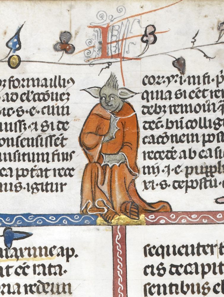 An illumination from a Medieval Manuscript that shows a character bearing a striking resemblance to Yoda, a small green humanoid wearing an orange cloak. 📜 Royal 10 E IV, f. 30