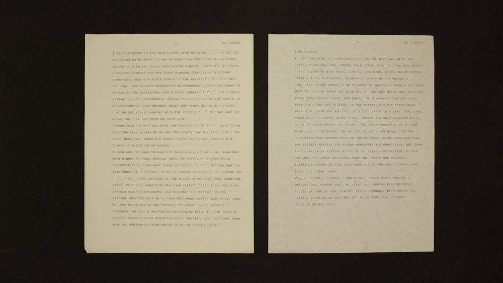 Archive of Mustapha Matura, showing a two typed pages of script.