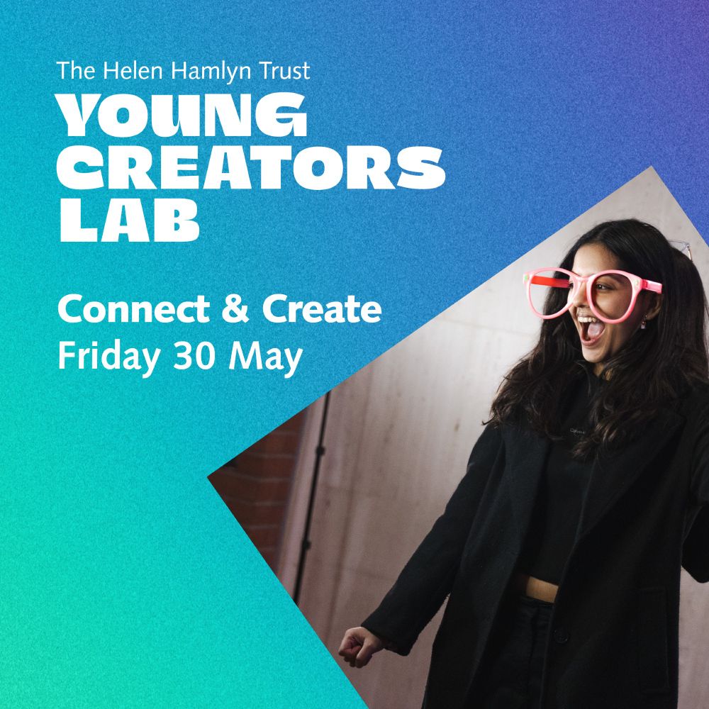 A blue-teal graphic with text reading: Young Creators Lab: Connect & Create, Friday 30 May with a photograph of a young woman smiling wearing oversized novelty spectacles in a 360 photobooth. 
