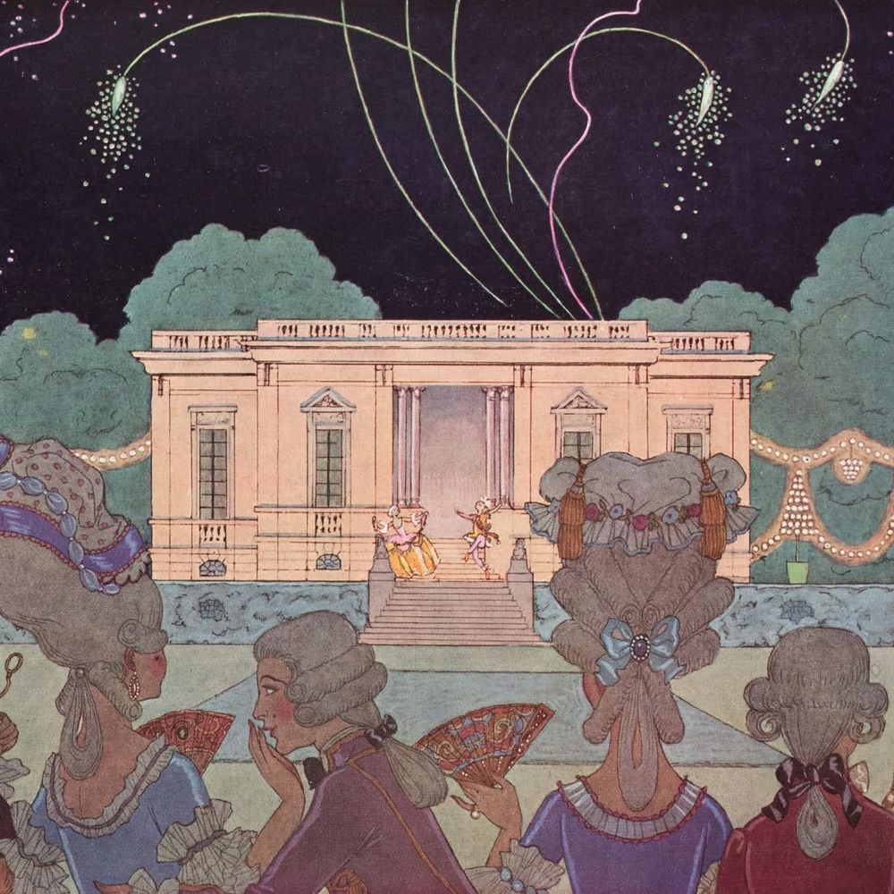 A colourful illustration of a garden party in an ornate garden. Fireworks are being let off as onlookers watch.