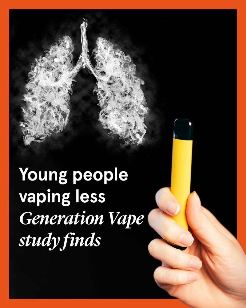 A hand holds a yellow vape pen on the right. On the left, smoke forms the shape of lungs. Text reads: “Young people vaping less – Generation Vape study finds.