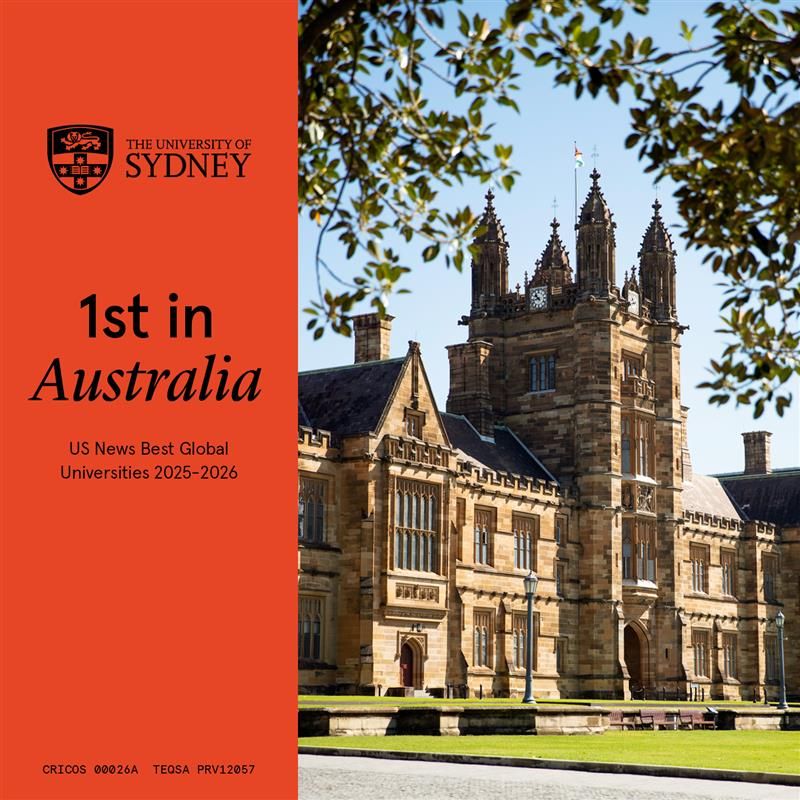 Image of the Quadrangle with text on the left "1st in Australia US News Best Global Universities 2025 - 2026".