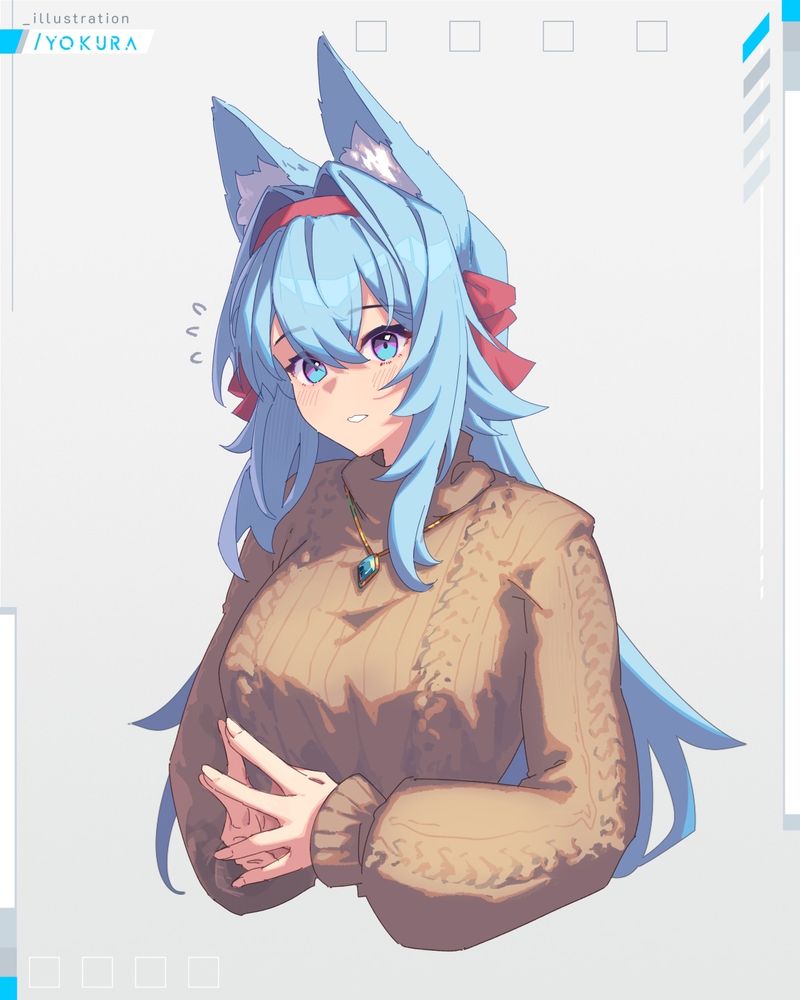 illustration of original character mofuko. she is in a thick sweater and pressing her fingertips together nervously