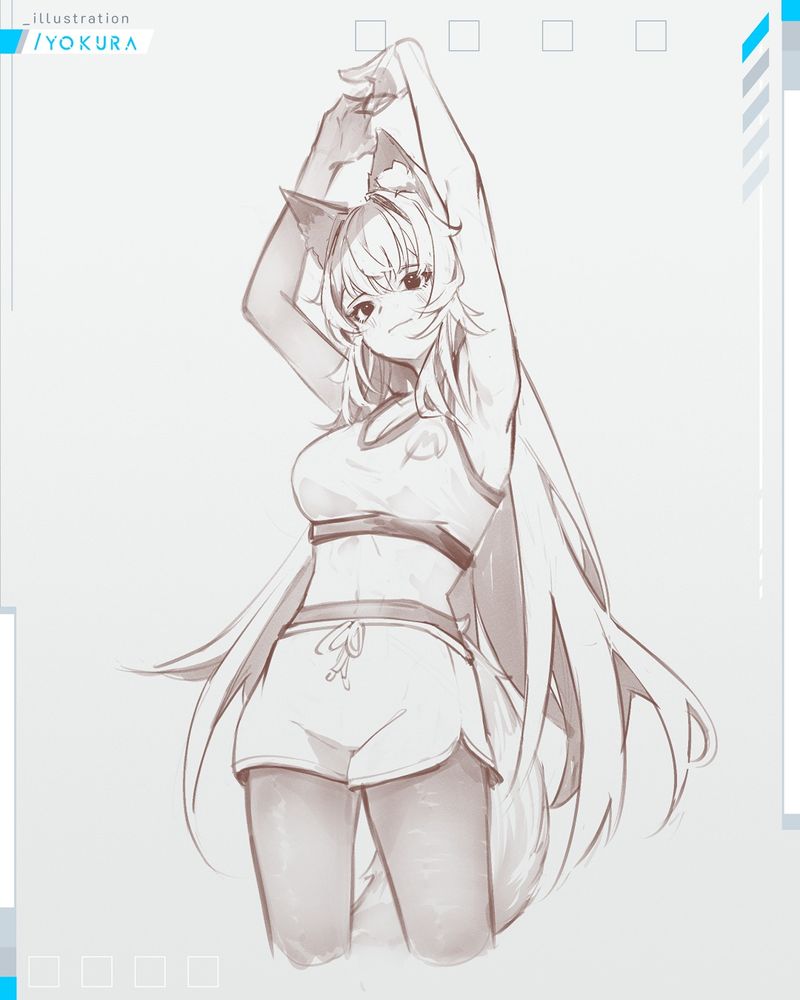 original character mofuko doing an overhead stretch. She is wearing a sports bra, leggings, and exercise shorts. it is a half body sketch
