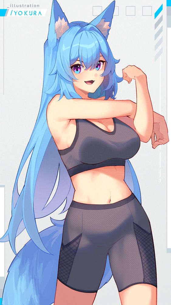 original character mofuko doing a crossover shoulder stretch in a sports bra and spats