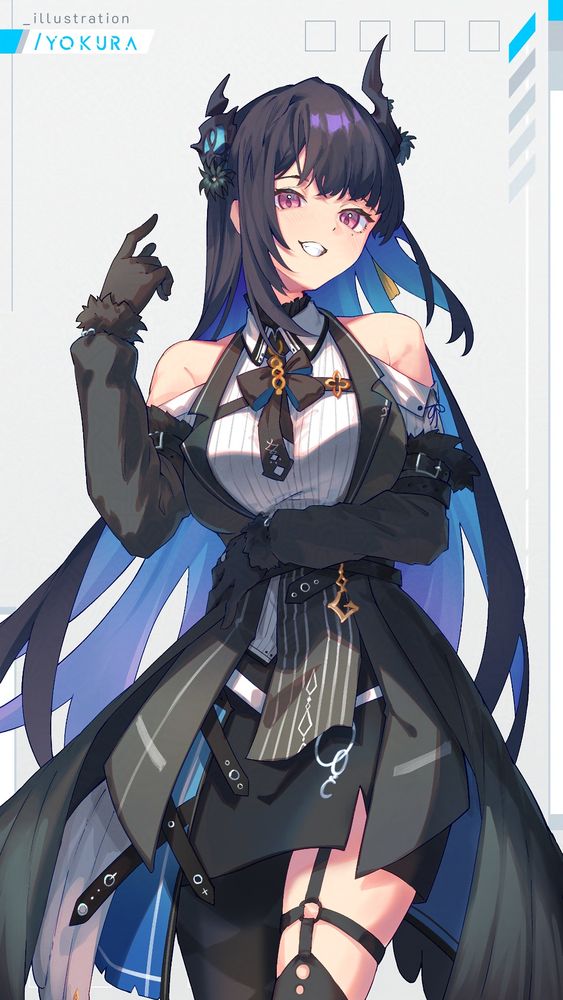 hololive nerissa ravencroft thigh up illustration. she is tilting her head and looking down at the viewer smugly
