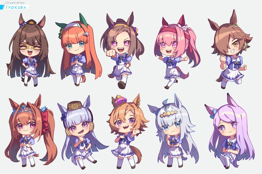 chibi drawings of various umamusume characters in the summer uniform. El Condor Pasa, Silence Suzuka, Sakura Bakushin O, Vodka, Daiwa Scarlet, Goldship, T.M. Opera O, Oguri Cap, Mejiro Mcqueen