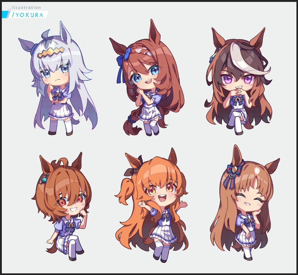 chibi illustrations of umamusume. Characters included: oguri cap, super creek, symboli rudolf, agnes tachyon, mayano top gun, grass wonder