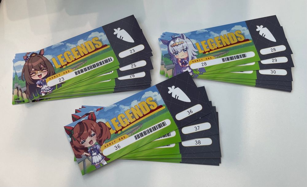 Photo of collectible event tickets. There are unique tickets for el condor pasa, nice nature, and oguri cap 