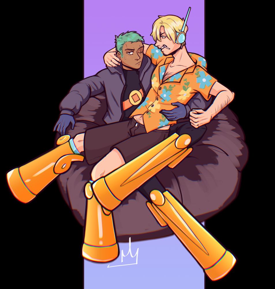 Egghead Zoro sitting in a black bean bag with an angry Egghead Sanji in his lap