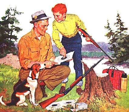 Vintage postcard of pre-teen boy and dad reviewing the results of their target shooting near an alpine lake with their trusty beagle sitting at attention.