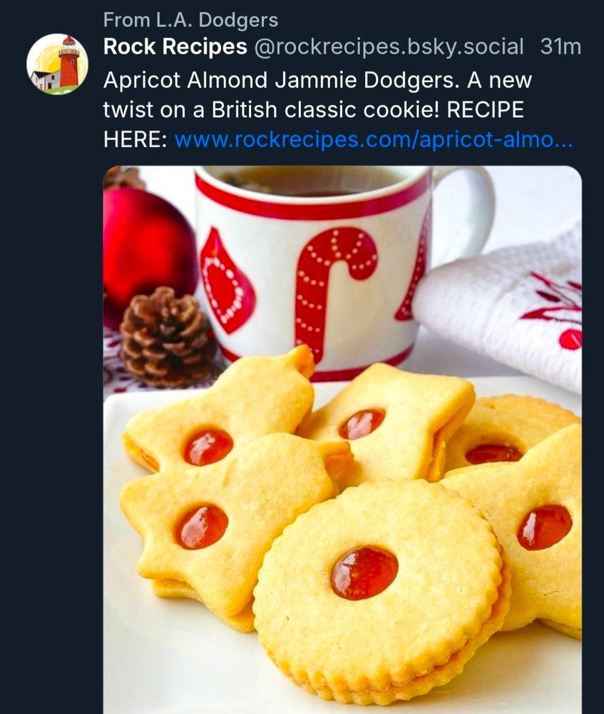 Screenshot of Bluesky feed with 'From L.A. Dodgers' listed above a post from Rock Recipes of some jam filled 'dodgers' in a festive Christmasy setting. Post appears to be unrelated to the back 2 back world series champions LA Dodgers 