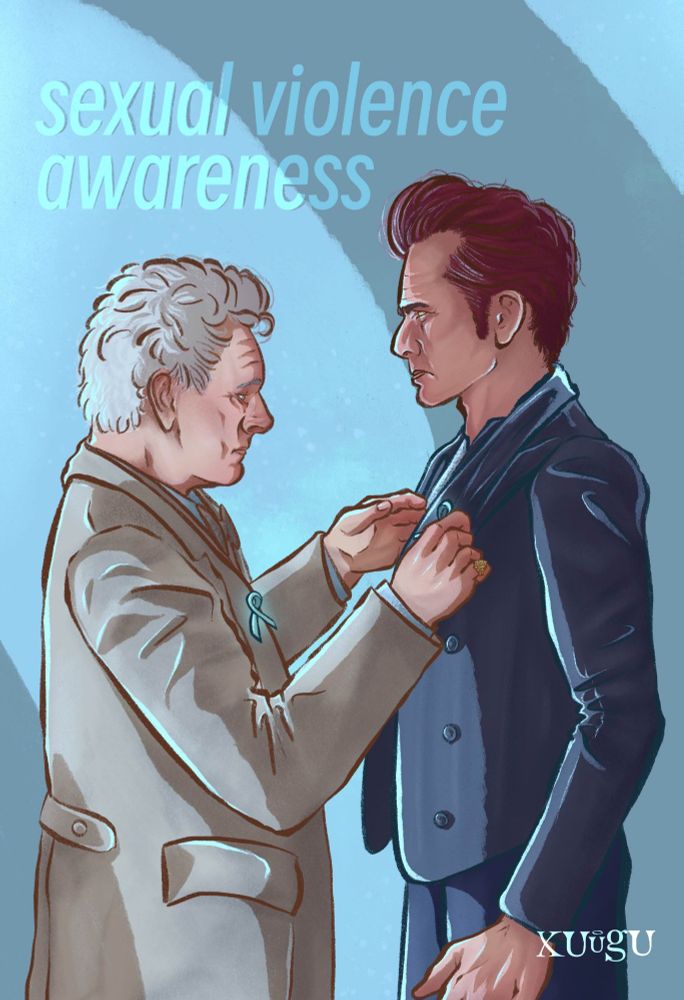 Fanart of Aziraphale and Crowley wearing a teal ribbon. Aziraphale is helping Crowley pin his ribbon to his jacket while looking sad. Crowley looks angry, not at Aziraphale, but at the very idea of how terrible some humans treat each other.
