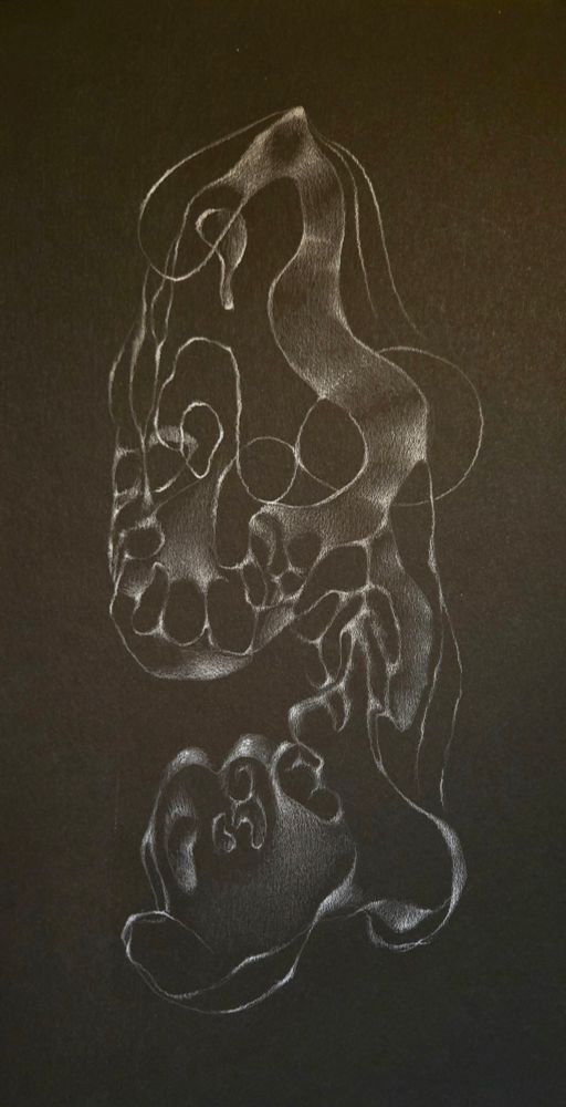amorphous abstract drawing of white veils and lines on black paper