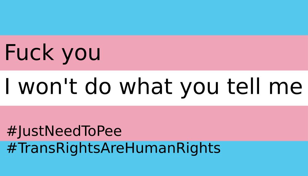 Trans flag with "Fuck you I won't do what you tell me