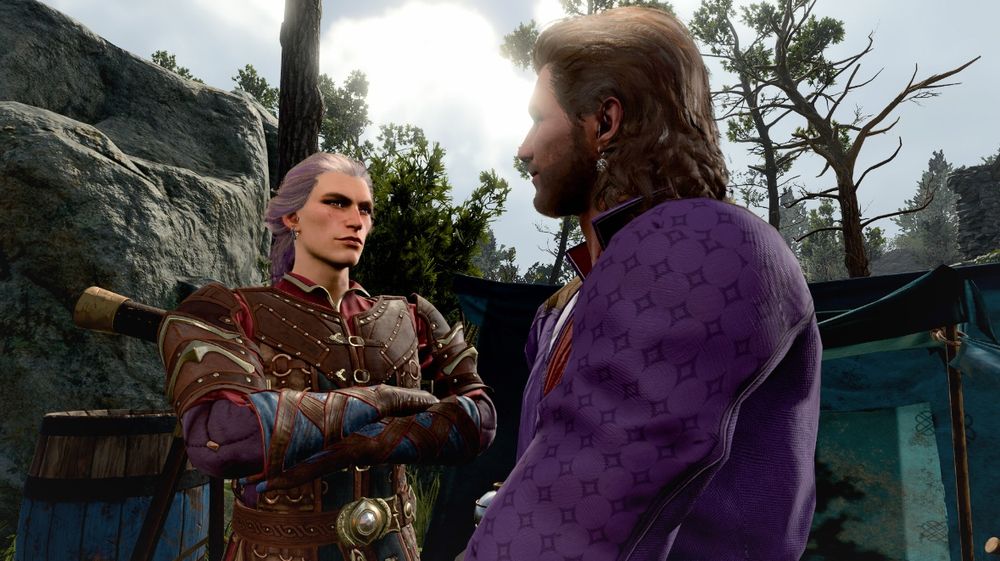 elven video game character crossing his arms and staring longingly at a human wizard also in a video game 