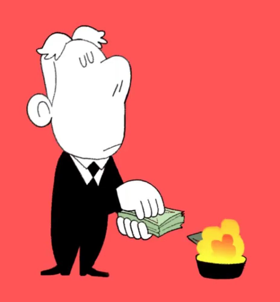 a cartoon drawing of a man holding a stack of money