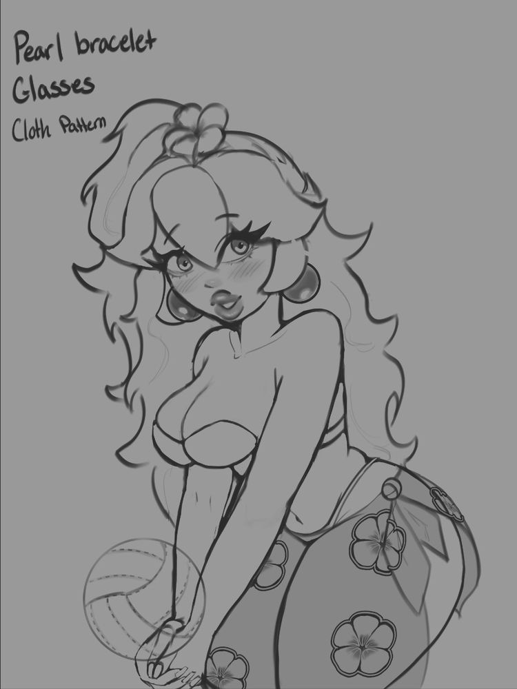 sketch drawing of princess peach hitting a volleyball at the beach